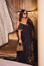 Load image into Gallery viewer, Black Saree with Gold Floral Embroidery
