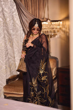 Load image into Gallery viewer, Black Saree with Gold Floral Embroidery
